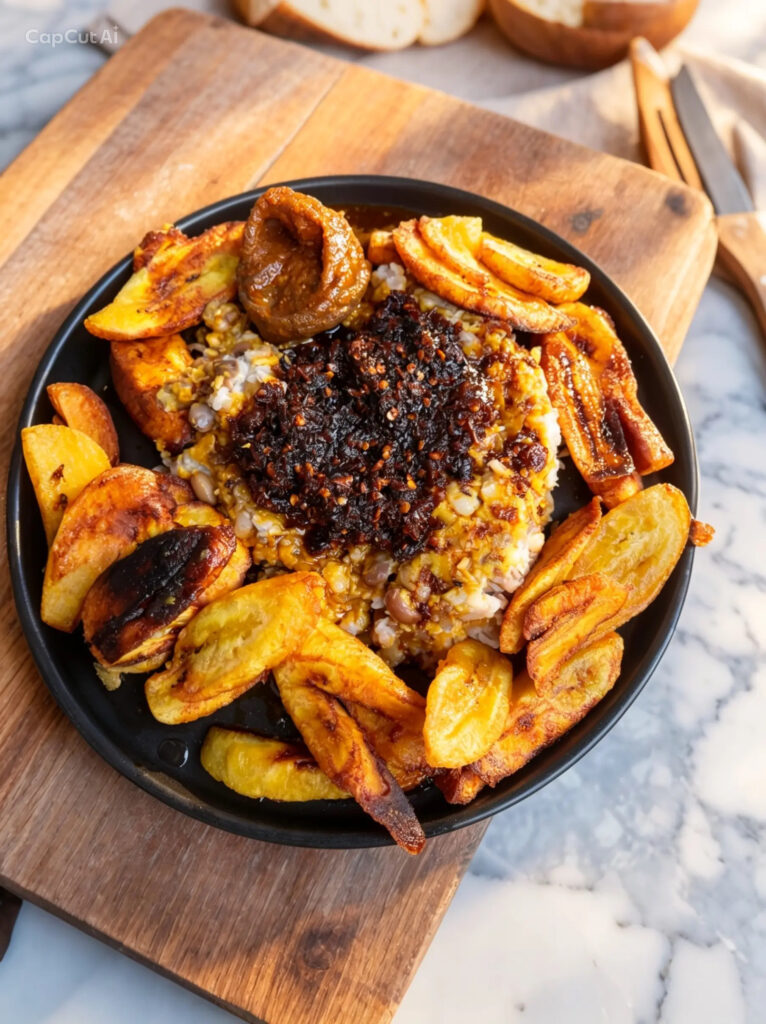 image of ewa agoyin and plantain Freshly prepared Asun goat meat ready to shop Nigerian groceries