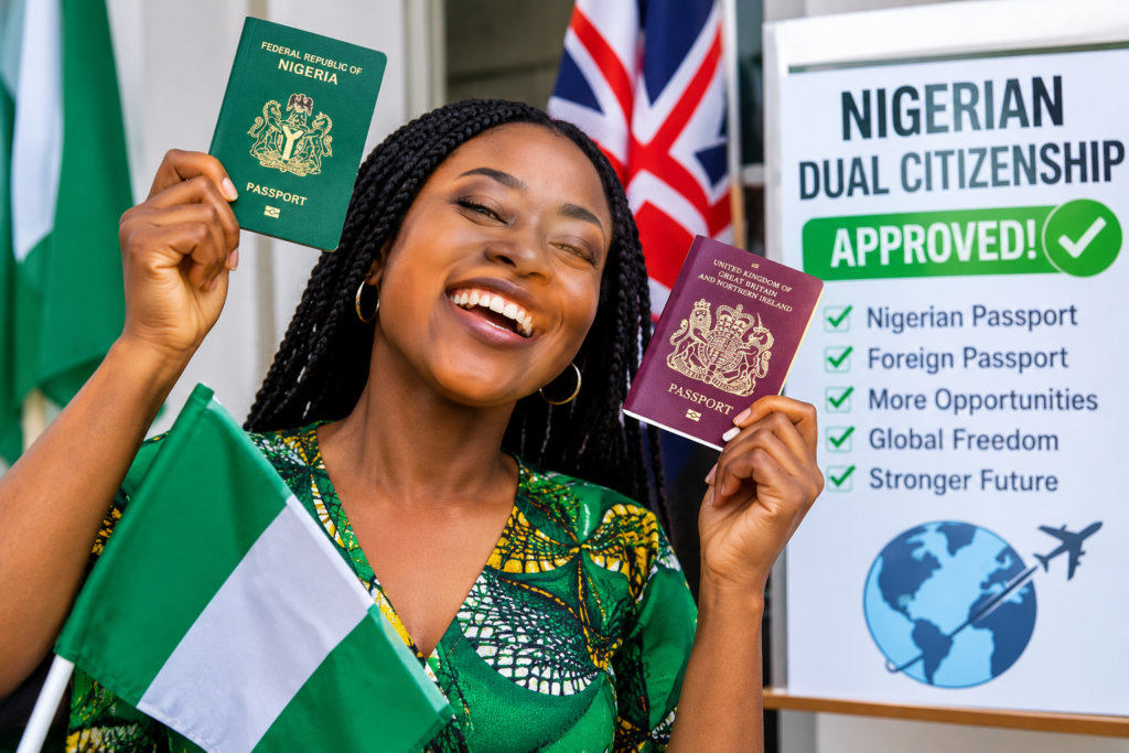 Hand holding a green passport illustrating Nigerian dual citizenship guidelines for diaspora expats.
